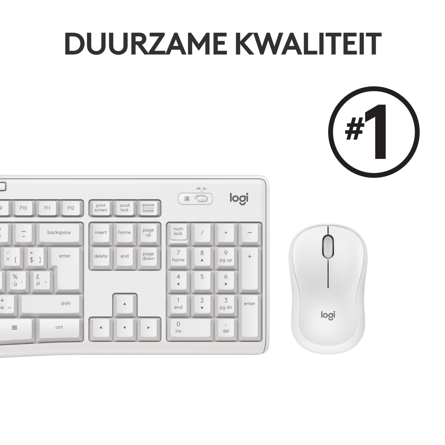 Witte toetsenbord- en muisset. De tekst bovenaan zegt: Duurzame kwaliteit. Nummer één in een cirkel.