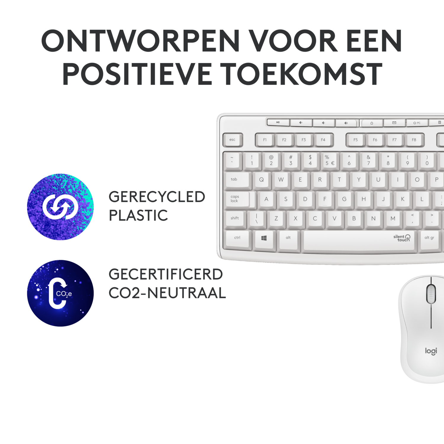 Witte toetsenbord- en muisset. Tekst luidt 'Ontworpen voor een positieve toekomst' en 'Gerecycled plastic'.