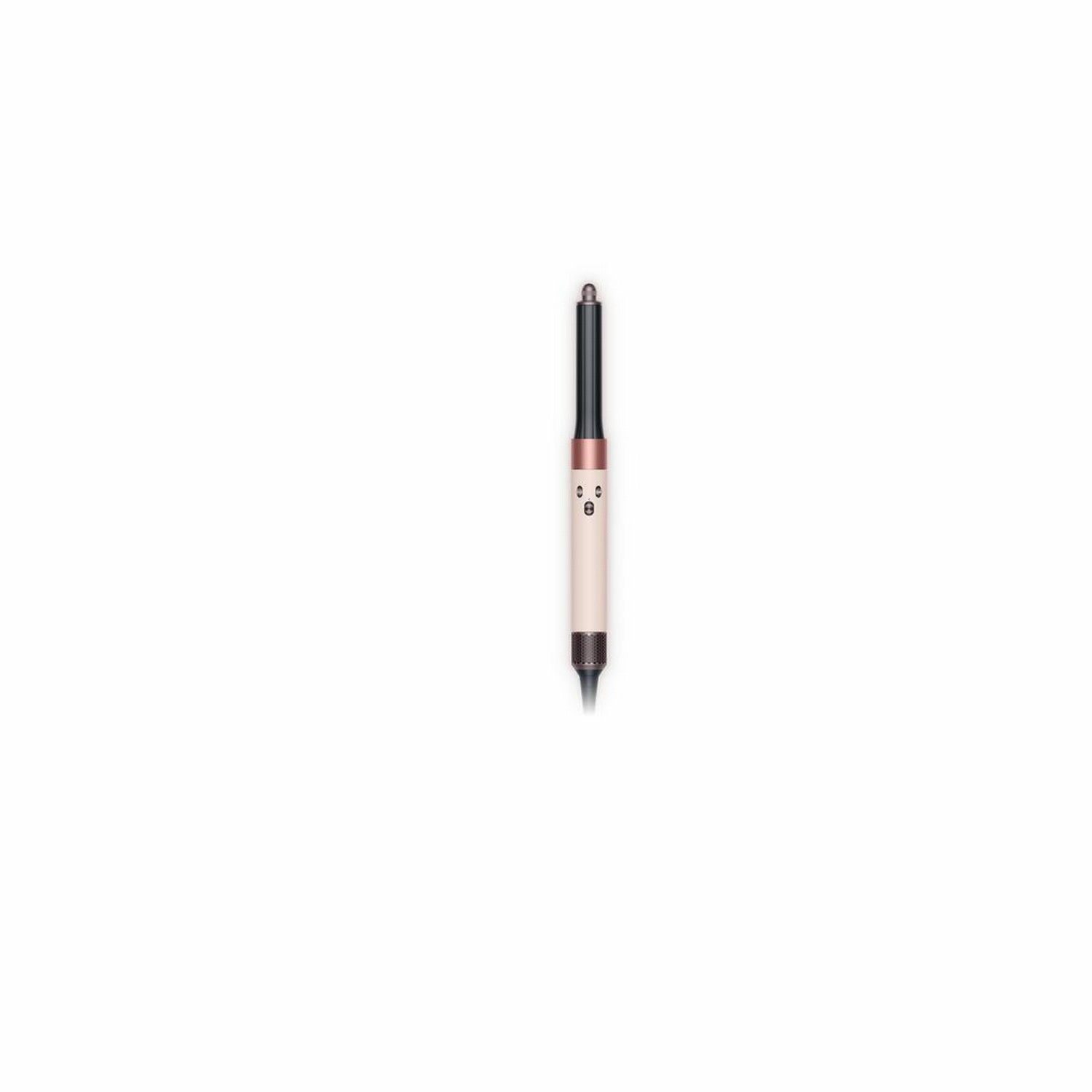Un outil de coiffure rose et noir sur fond blanc, positionné verticalement.