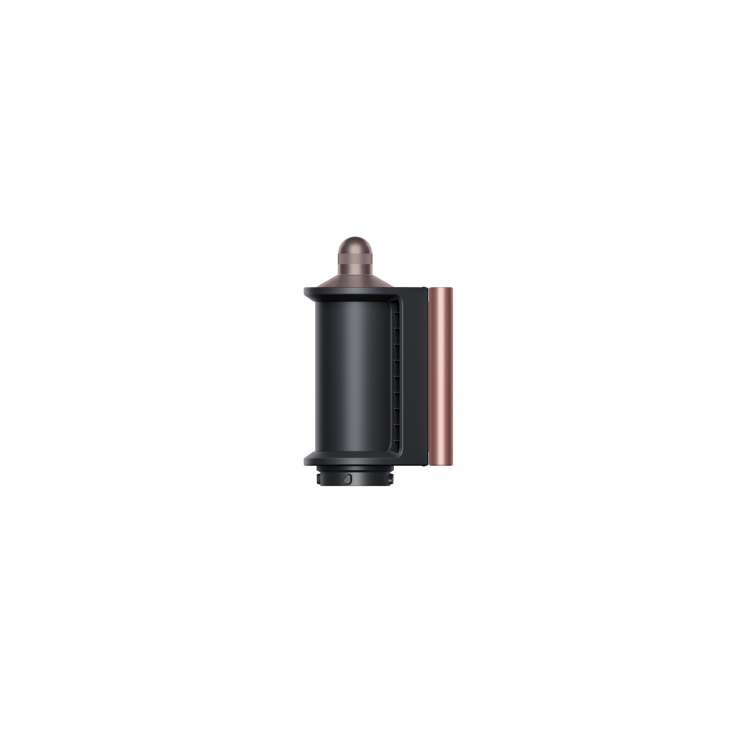 Un objet cylindrique noir avec un côté couleur cuivre, sur fond blanc.