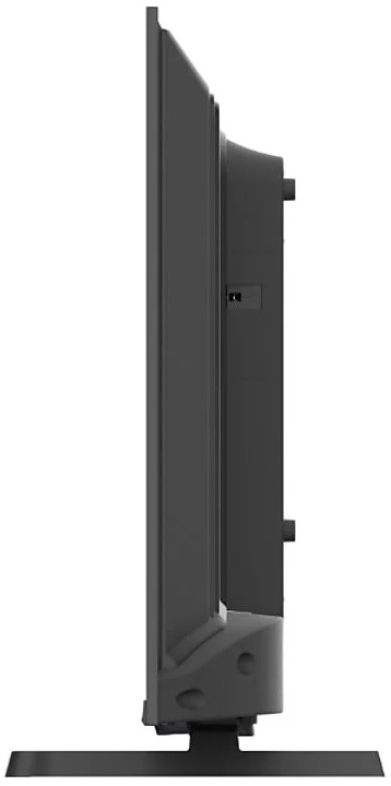 Czarny telewizor, widok z boku, na stojaku. Ekran jest ciemny.