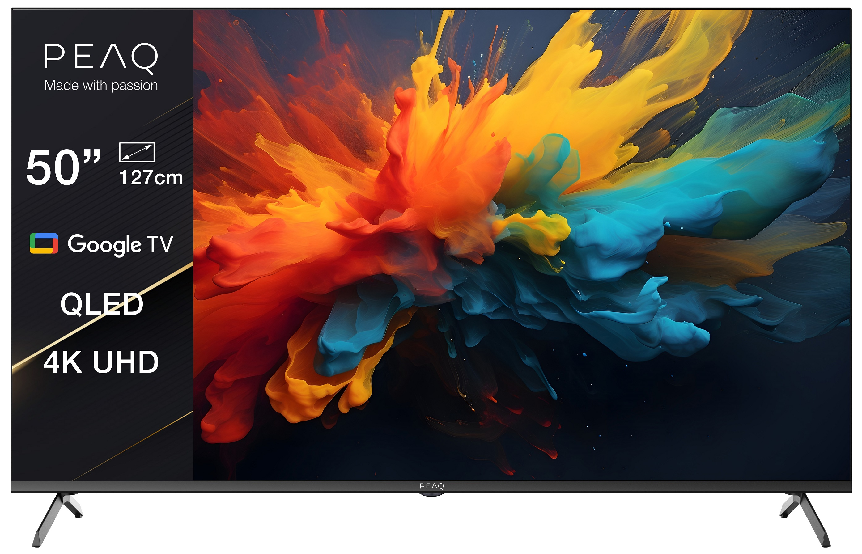 Telewizor 50" QLED 4K UHD z kolorową sztuką abstrakcyjną na ekranie.