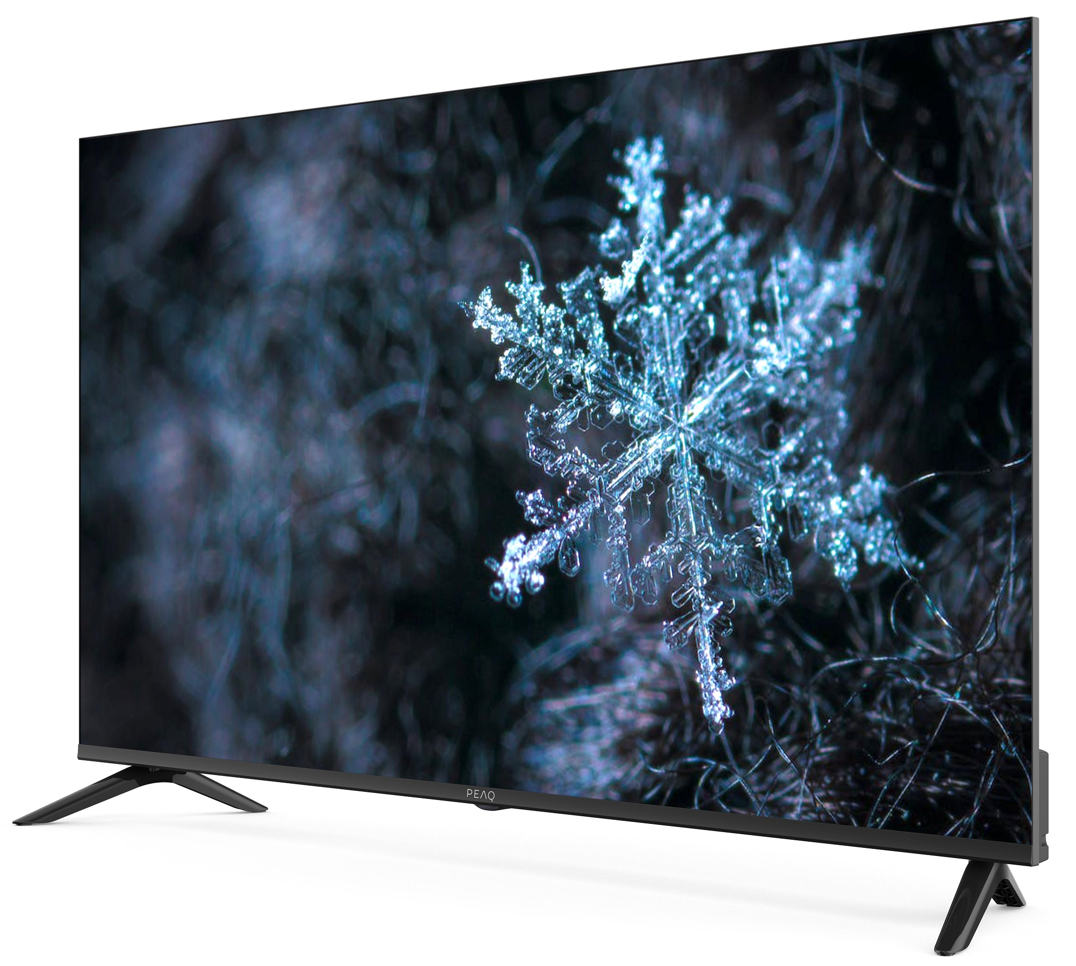 Czarny ekran telewizora z płatkiem śniegu i rozmytym tłem.