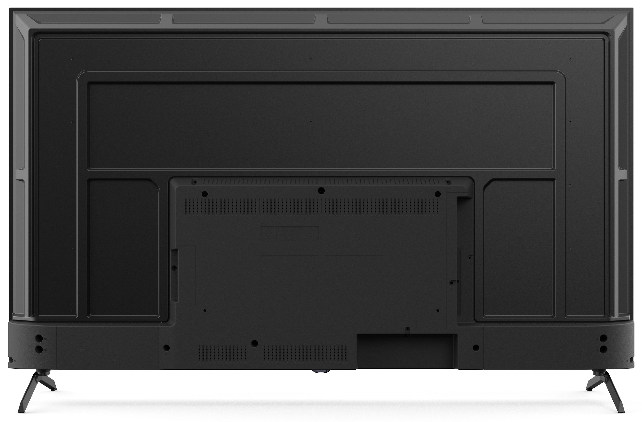 Tył czarnego telewizora z różnymi portami i podstawkami.