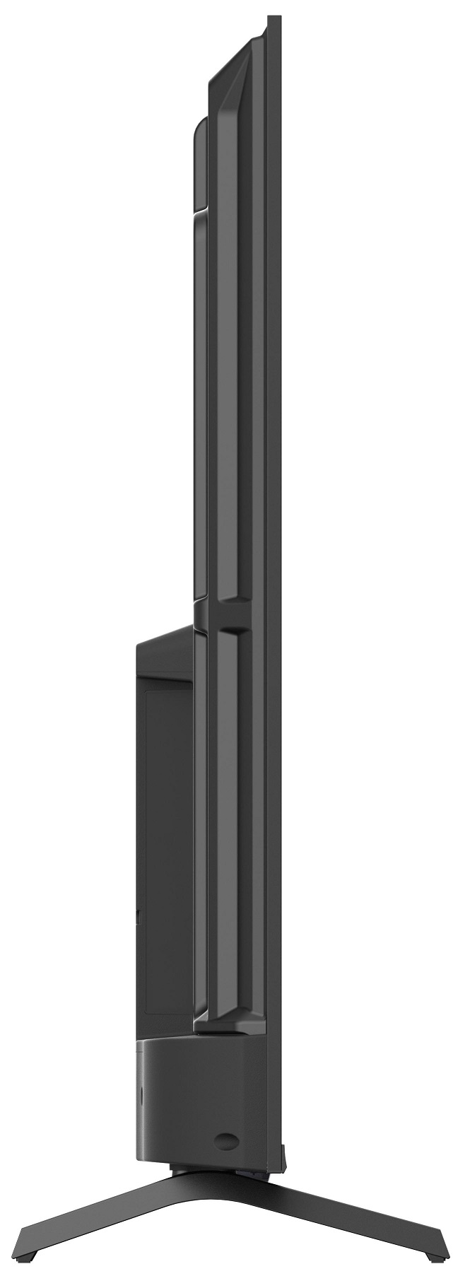 Czarny telewizor, widok z boku. Widoczny stojak i porty na dole.