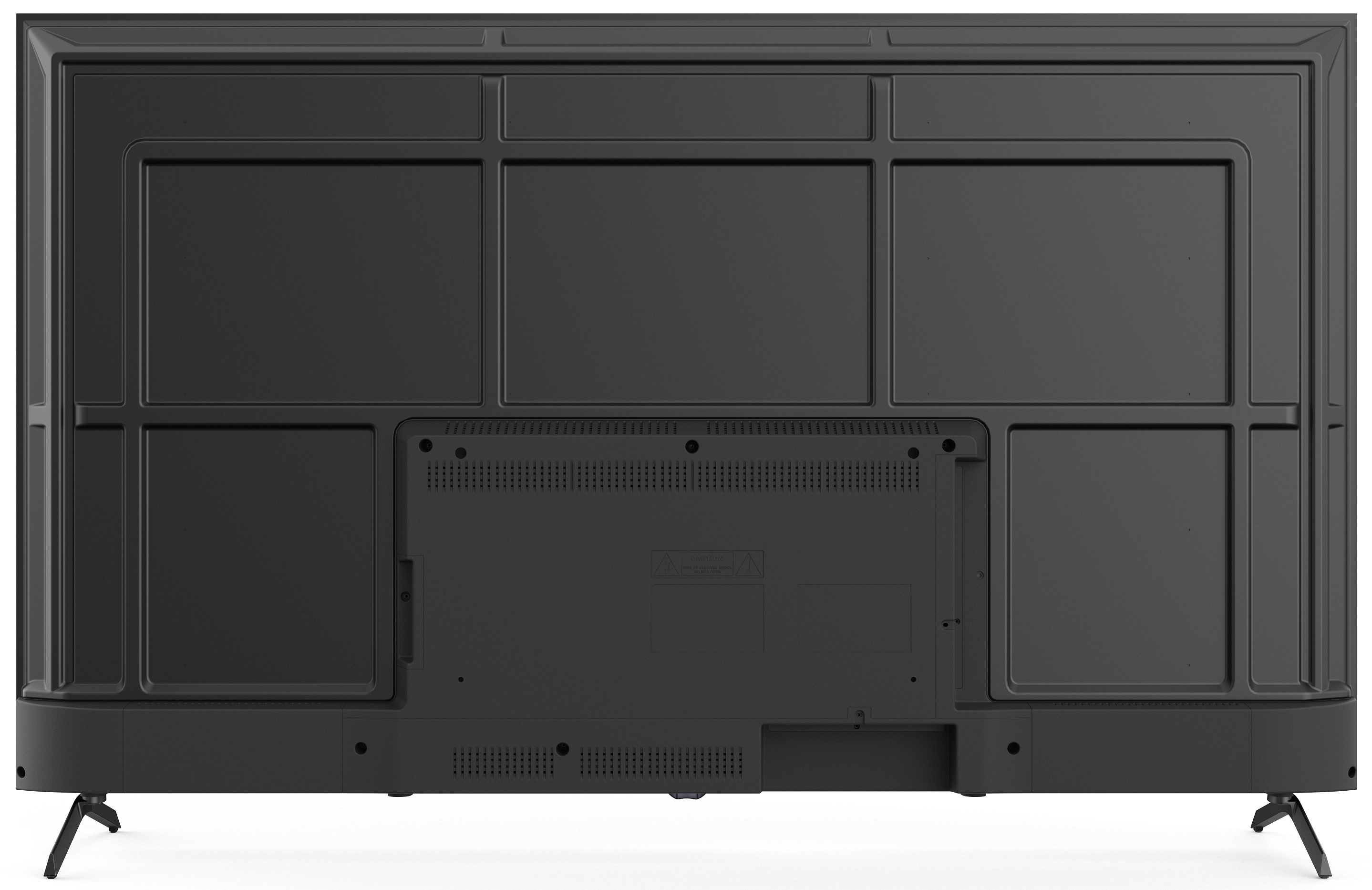 Tył czarnego telewizora z portami i podstawą.