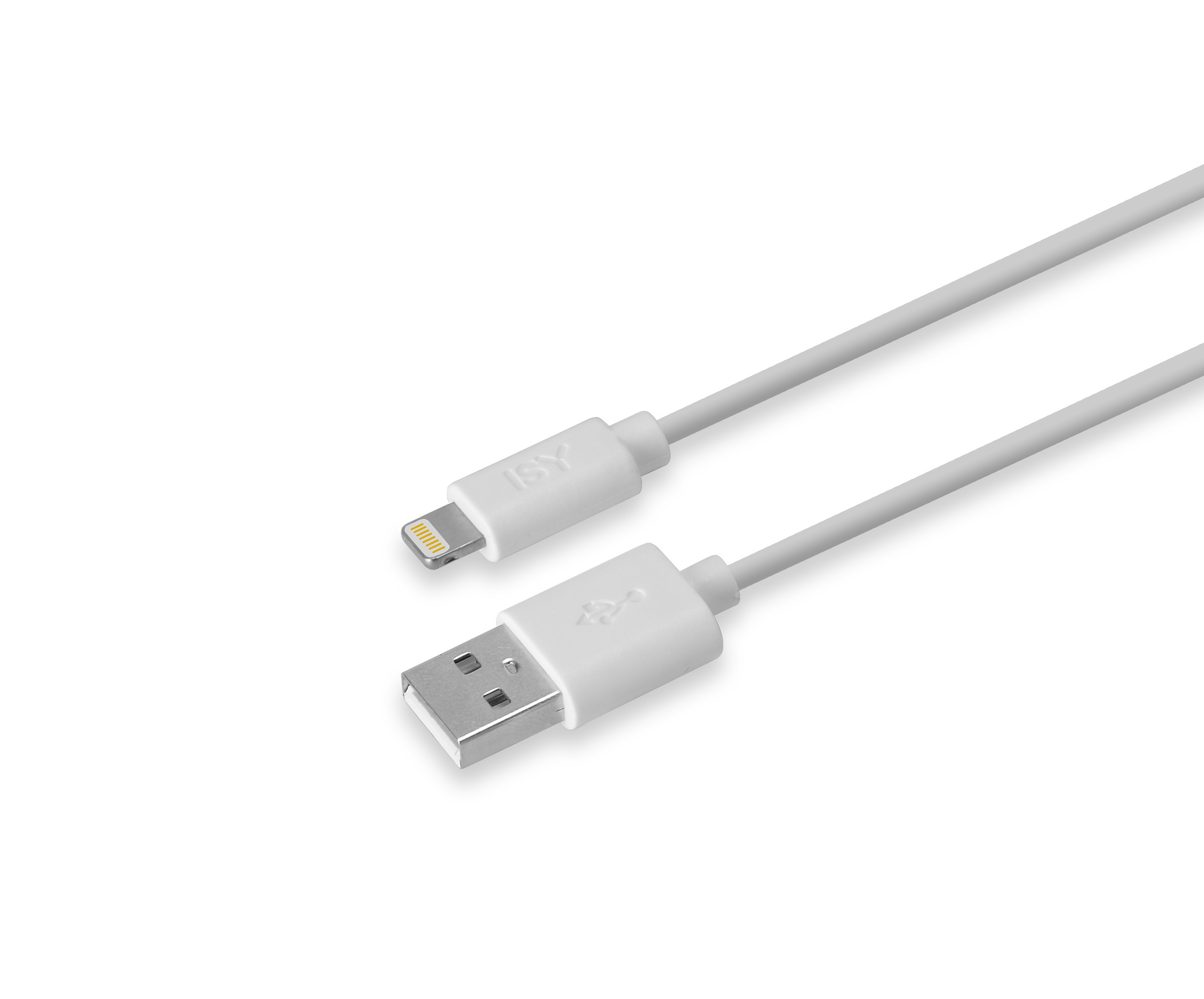 Weißes Lightning-auf-USB-Kabel auf weißem Hintergrund.