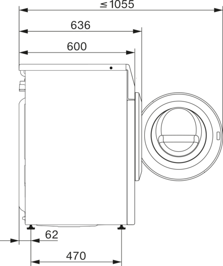 Diagramm einer weißen Waschmaschine mit Abmessungen: 1055mm, 620mm, 600mm, 82mm, 470mm.