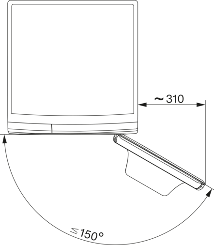 Ein schematisches Diagramm eines Monitors mit Maßen und einem ungefähren Drehwinkel.