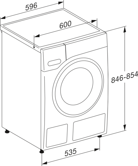 Ein Diagramm einer Waschmaschine mit Abmessungen. Die Maschine ist in einer 3D-Ansicht gezeichnet.