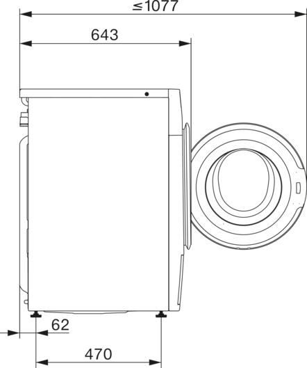 Eine schwarz-weiße Diagramm einer Waschmaschine. Abmessungen sind in Millimetern angegeben.