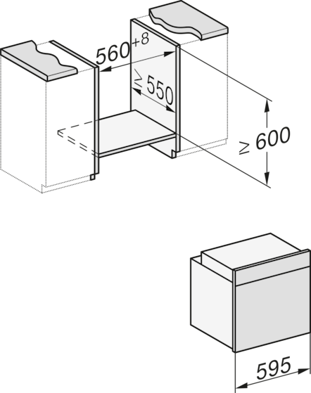 Diagramm mit Installationsmaßen für ein Gerät. Maße sind 580, 550, 600 und 595, die Größen anzeigen.
