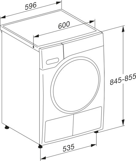 Diagramm einer Waschmaschine mit Abmessungen: 596x600x845-855 mm. Vorderansicht zeigt Tür und untere Blende. Schwarze Linien und Hintergrund.