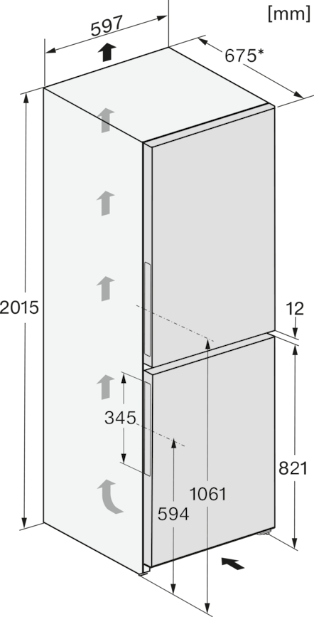 Diagramm eines Kühlschranks mit Abmessungen in Millimetern. Zeigt Höhen-, Breiten- und Tiefenmessungen für das Gerät.