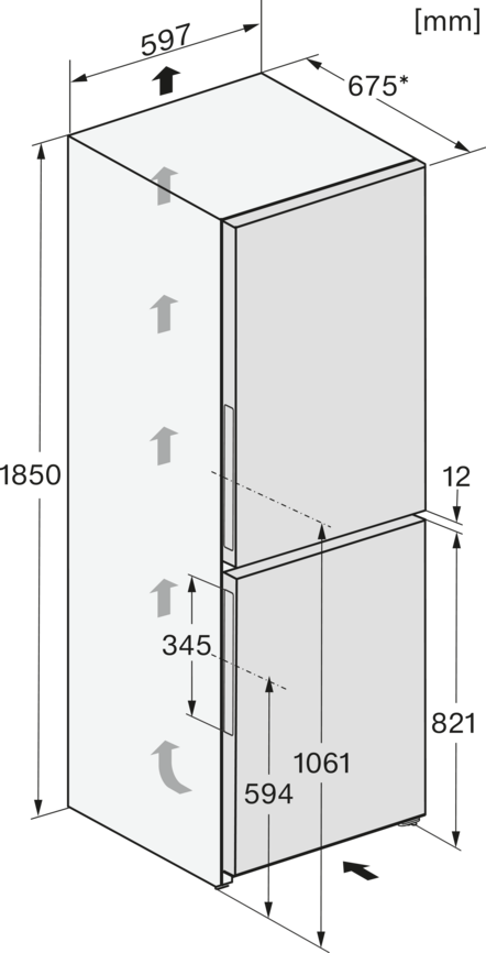 Diagramm eines Kühlschranks mit Maßangaben in mm. Er hat zwei Türen, mit Messungen von Höhe und Breite.
