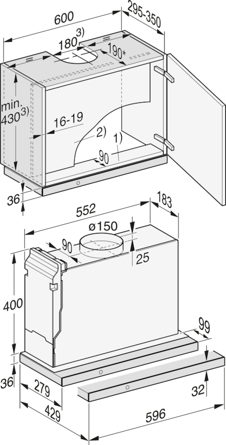 Technische Zeichnung einer Dunstabzugshaube mit Maßen und Details.