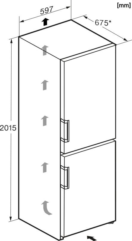 Technische Zeichnung eines Kühlschranks mit Maßen 597x675x2015 mm.
