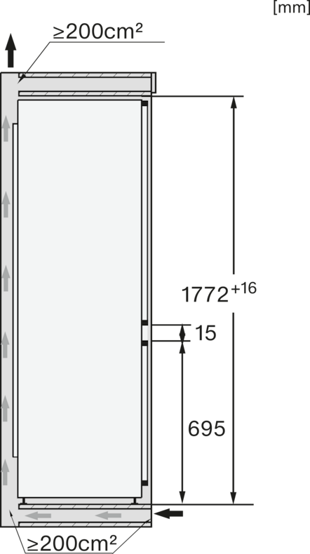 Technische Zeichnung eines Kühlschranks mit Maßen und Lüftungshinweisen.