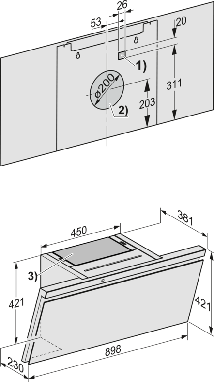 Diagramm mit Maßen für eine Dunstabzugshaube. Draufsicht mit 200mm Loch. Seitenansicht zeigt Maße.