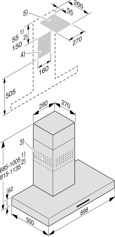 Zwei schematische Darstellungen einer Dunstabzugshaube mit Maßangaben.