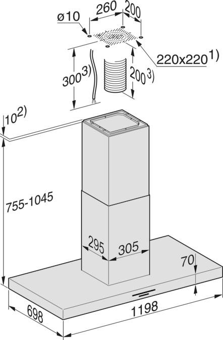 Technische Zeichnung einer Dunstabzugshaube mit Maßen. Haube ist 755-1045mm hoch.