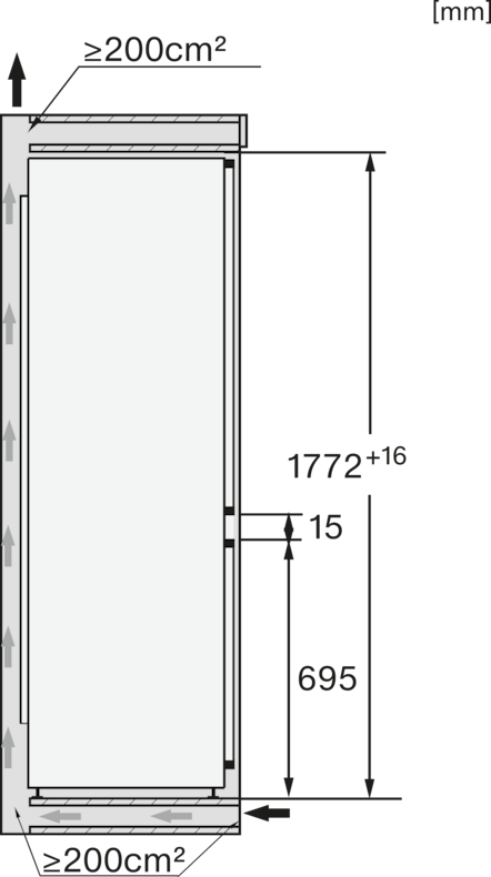 Ein Diagramm eines Kühlschranks mit Messungen und Pfeilen, die den Luftstrom anzeigen. Der Hintergrund ist schwarz.