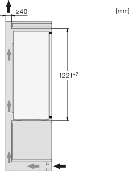Ein Diagramm eines Kühlschranks mit Abmessungen und Pfeilen.