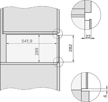 Technische Zeichnung mit Maßen für einen Ausschnitt; 541,9x289mm.
