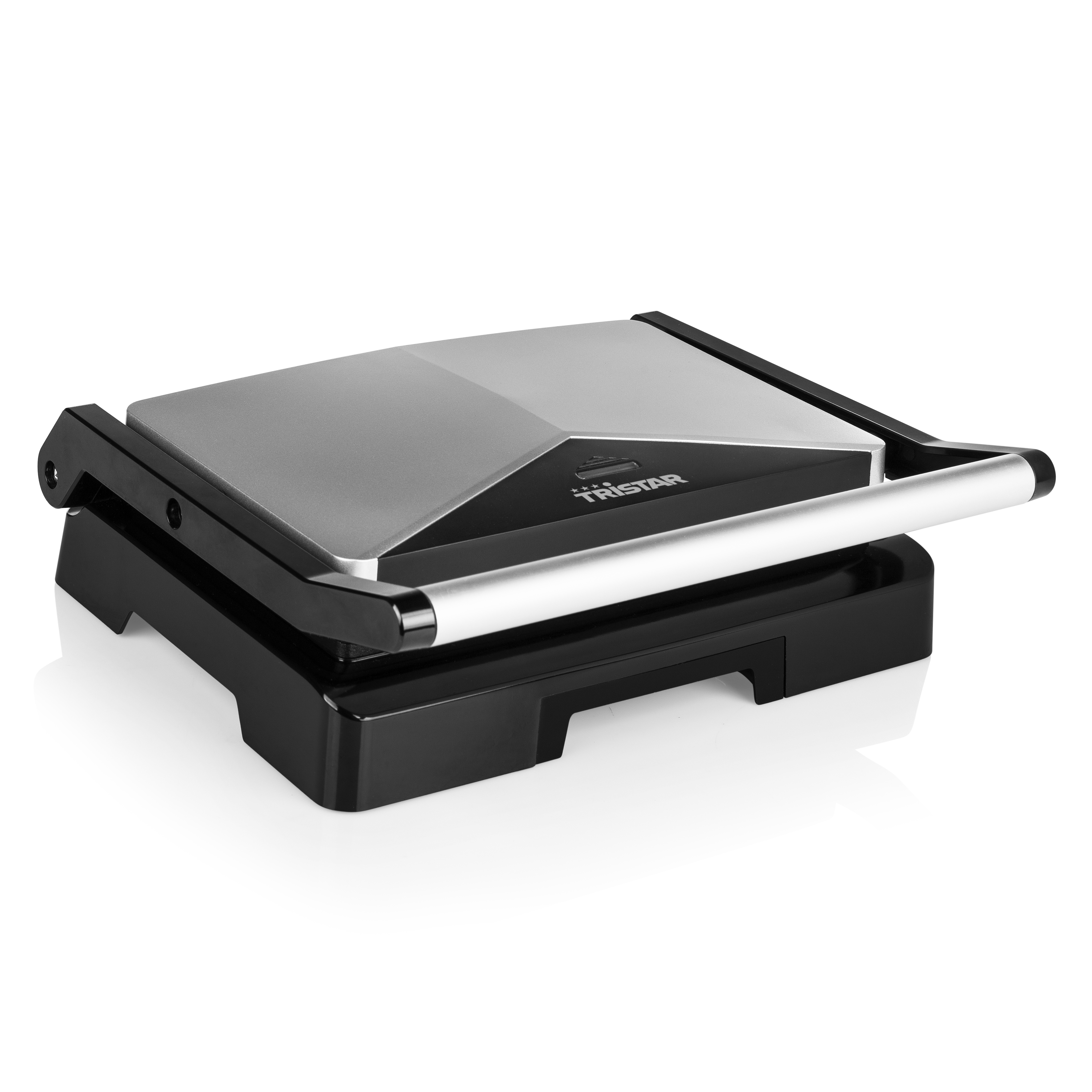 Schwarze und silberne Panini-Presse mit Griff auf weißem Hintergrund.
