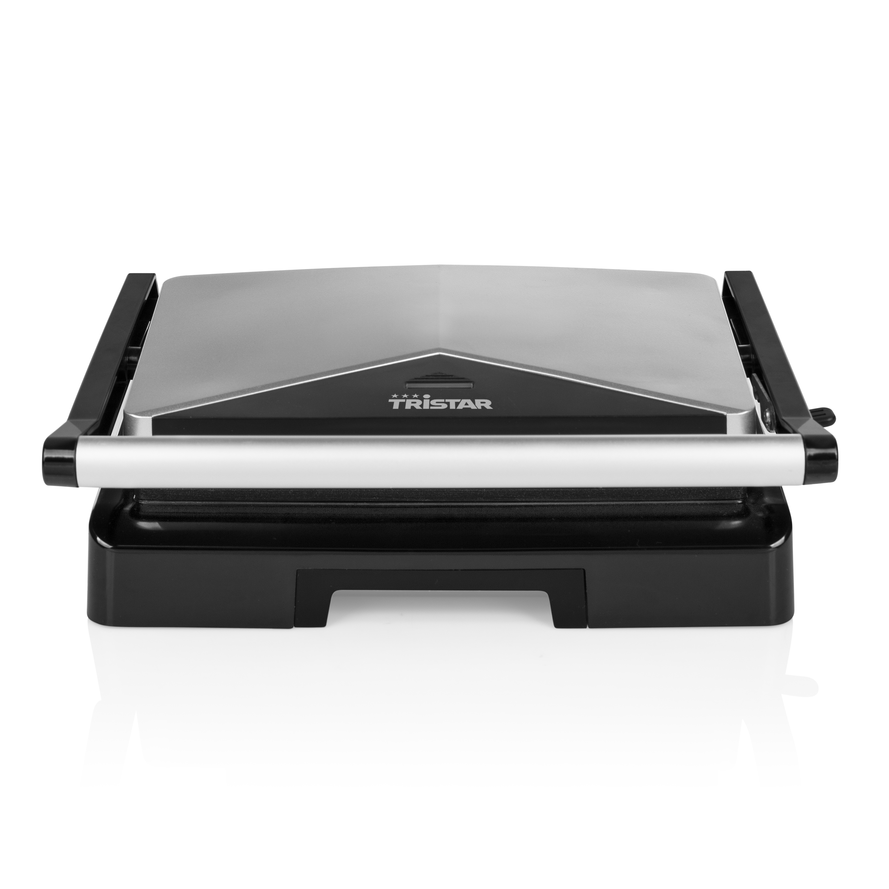 Silber-schwarze Panini-Presse, Draufsicht, auf weißem Hintergrund.