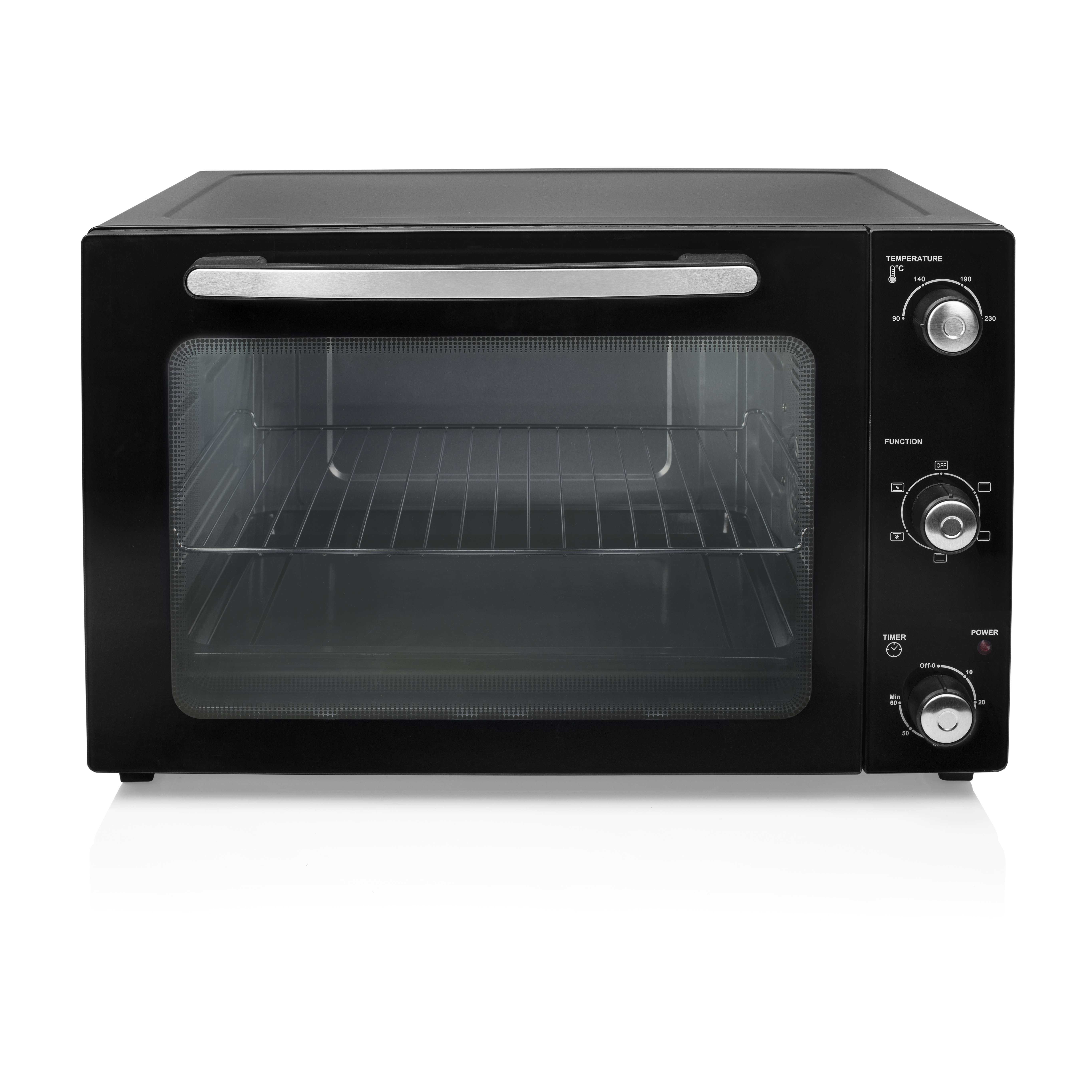 Schwarzer Backofen mit verschiedenen Bedienknöpfen.