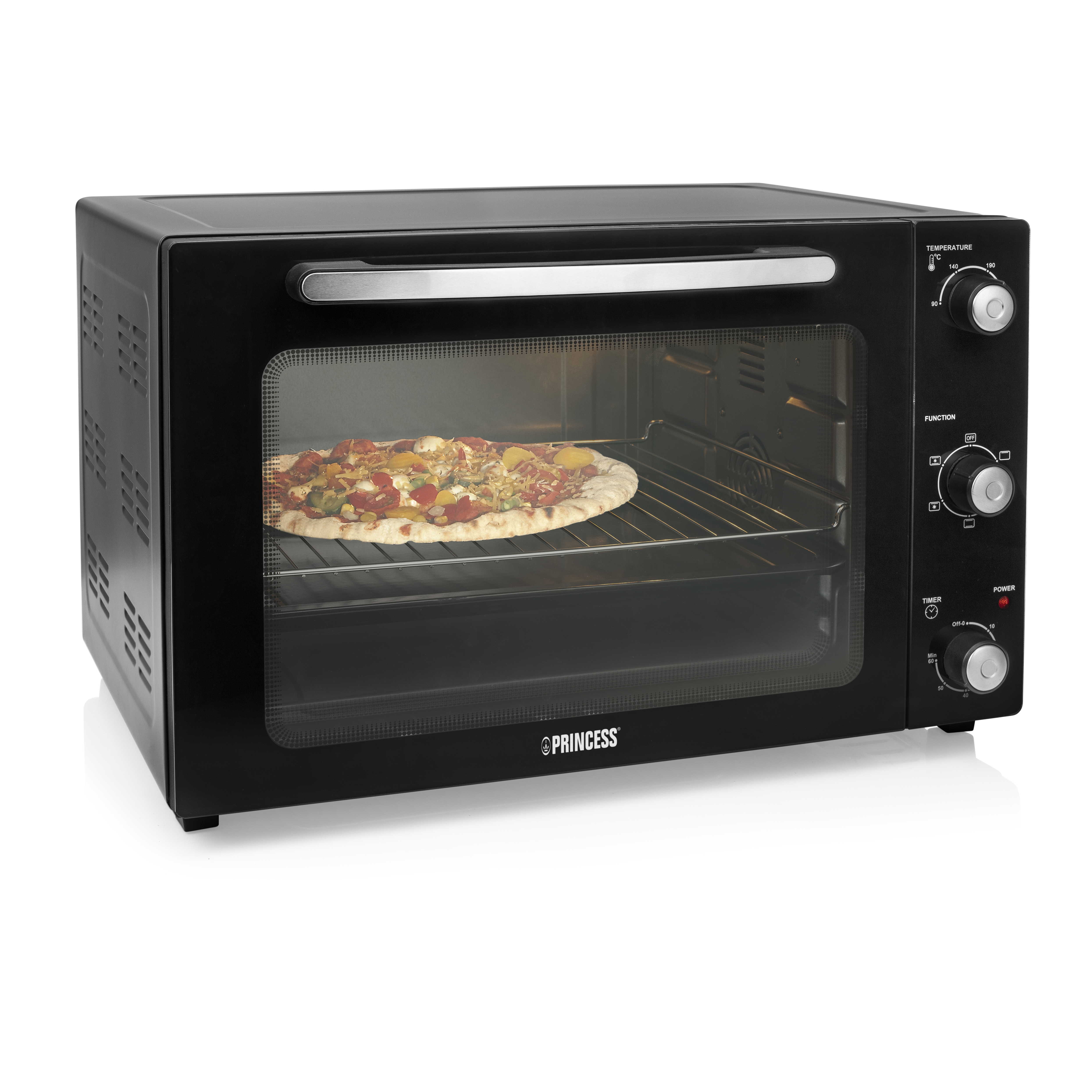 Schwarzer Princess-Ofen mit Pizza, Bedienelemente rechts, weißer Hintergrund.