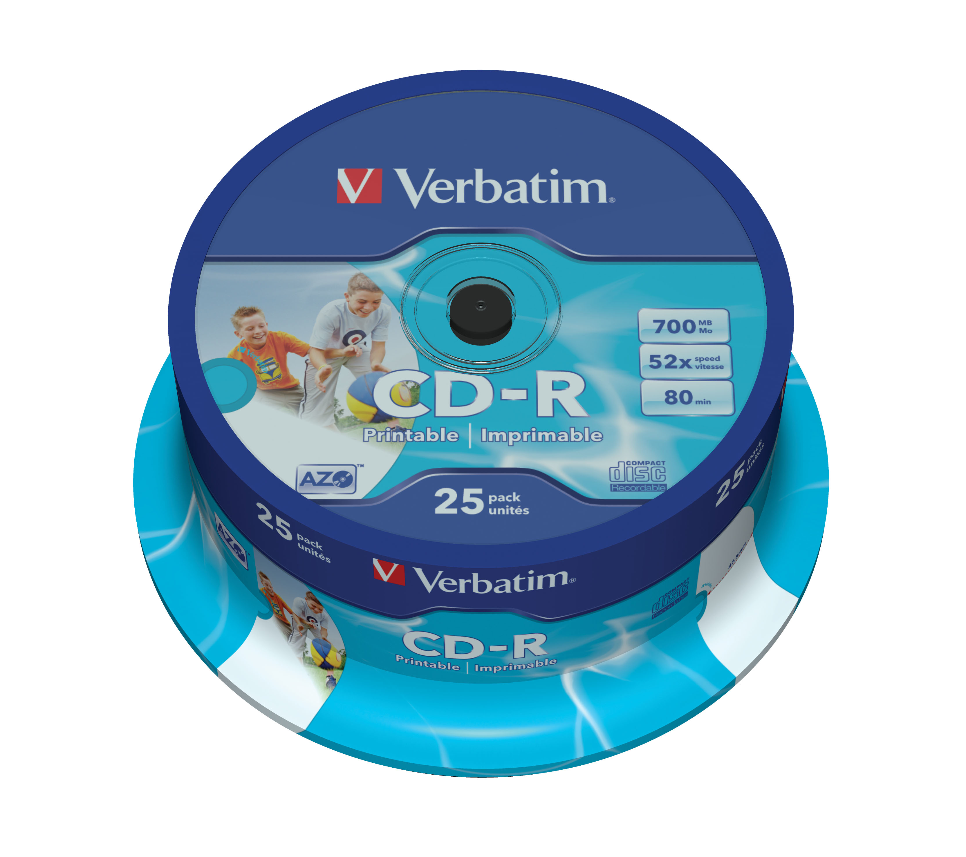 Zwei CD-R-Scheiben gestapelt. Die obere zeigt Kinder, die mit einem Ball spielen, und Scheibendetails.