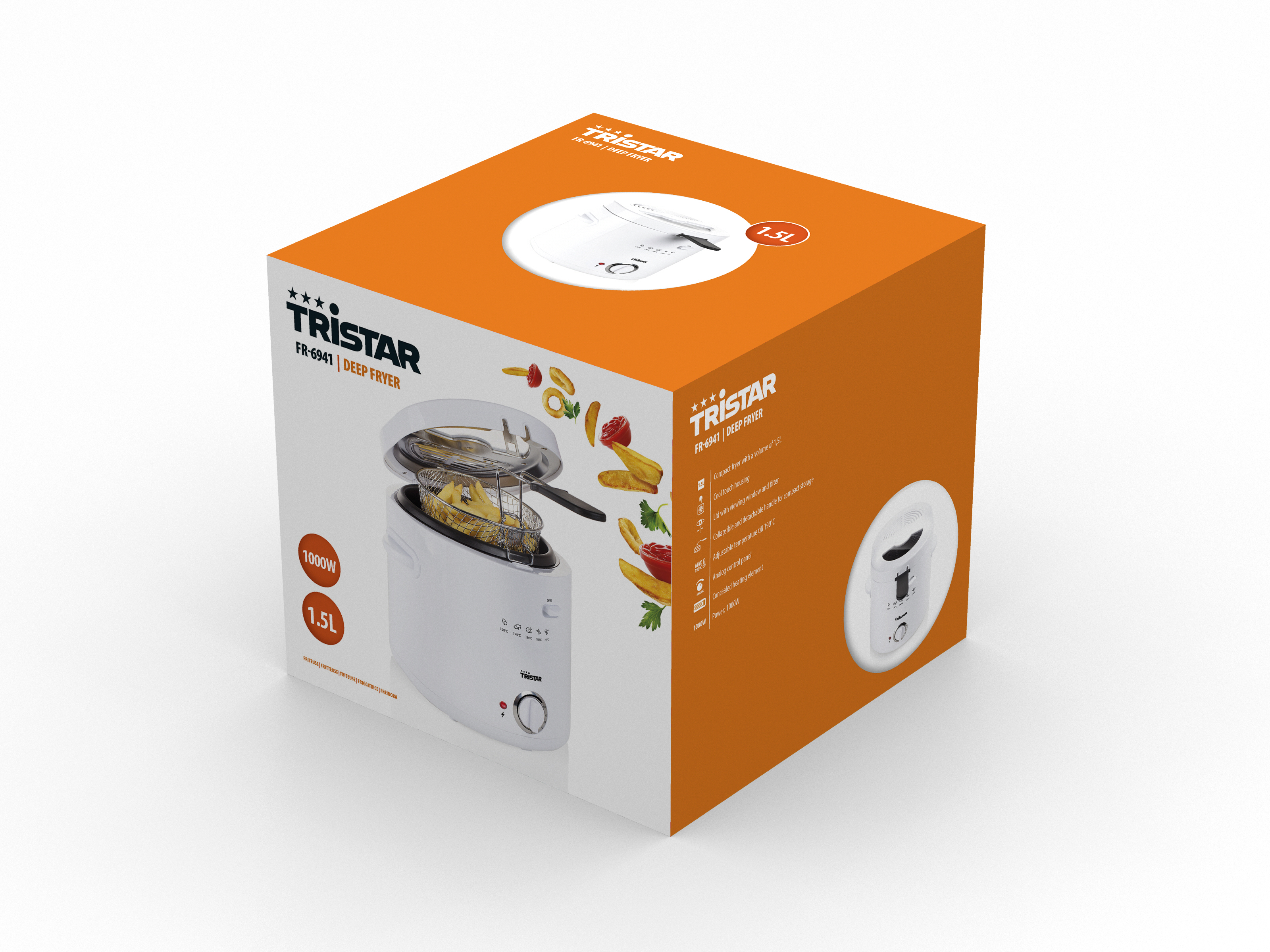 Eine weiße Fritteuse in ihrer orangefarbenen und weißen Box, mit einem Bild von frittierten Speisen.