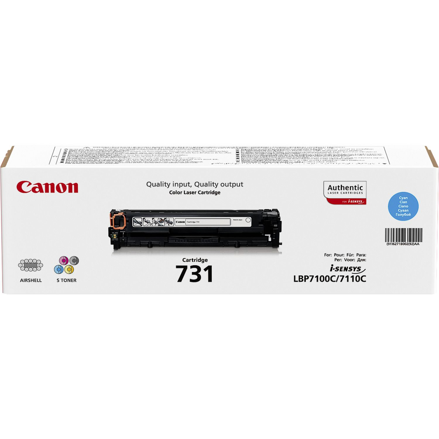 Canon Druckerpatronenbox, weiß mit Produktdetails und Farbindikatoren, auf Weiß.
