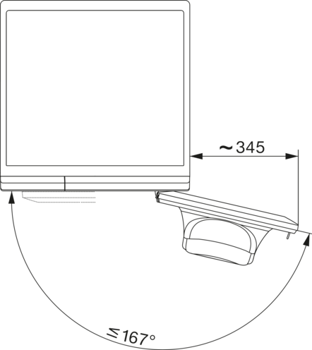 Technische Zeichnung eines Monitorarms mit Abmessungen und Winkeln.