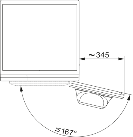 Schwarz-Weiß-Technische Zeichnung, die einen Monitor und einen Ständer mit Winkeln zeigt.