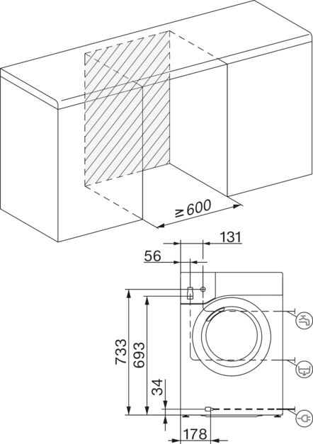 Diagramm für Waschmaschine, zeigt Abmessungen und Platzierung in einem Schrank.