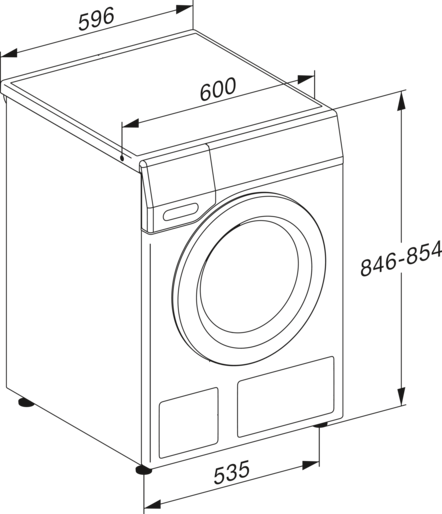 Schematische Zeichnung einer Waschmaschine, die Abmessungen und Anordnung zeigt.