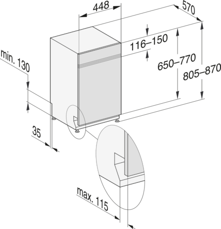 Isometrische Ansicht eines weißen Küchengeräts mit Maßen in einem Diagramm.
