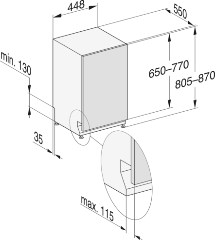 Diagramm eines Produkts mit Abmessungen, das eine rechteckige Form mit Maßen und einen Einsatz zeigt.