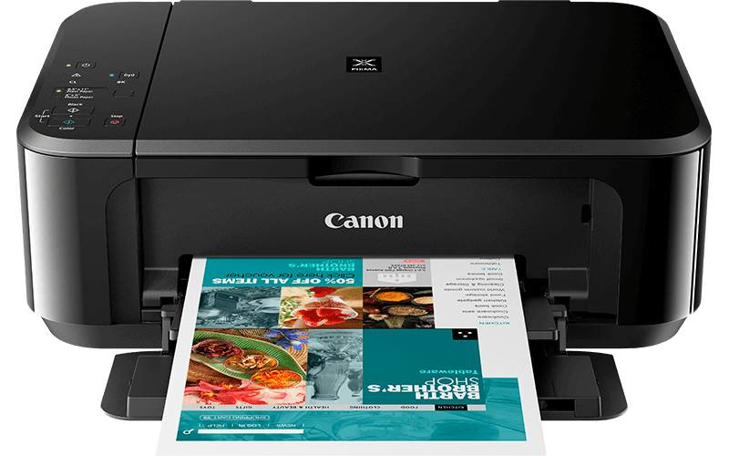 Schwarzer Canon-Drucker, der eine farbenfrohe Werbung druckt. Der Drucker steht auf weißem Grund.