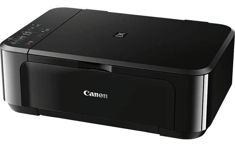 Schwarzer Canon Drucker. Flache Oberseite mit Bedienelementen und Canon-Logo vorne.