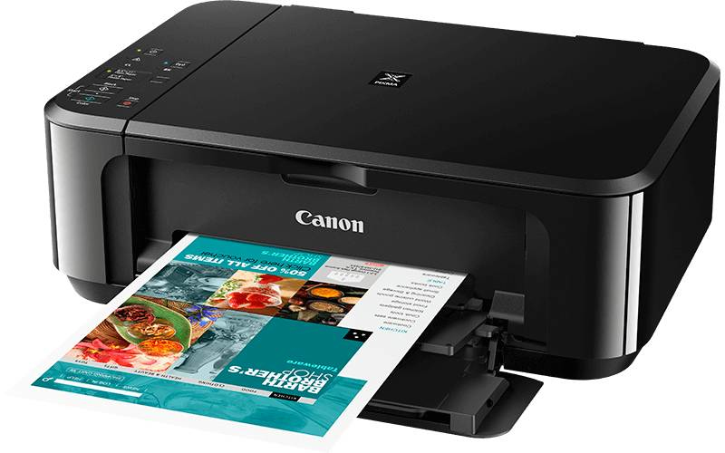 Ein schwarzer Canon-Drucker, der eine farbenfrohe Broschüre mit Essensbildern druckt.