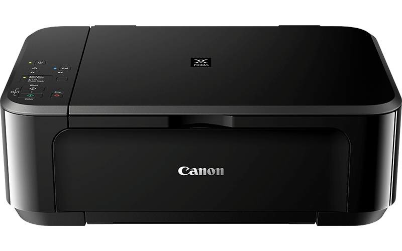 Schwarzer Canon Pixma Drucker auf weißem Hintergrund. Der Drucker hat einen Flachbettscanner und Bedientasten oben.