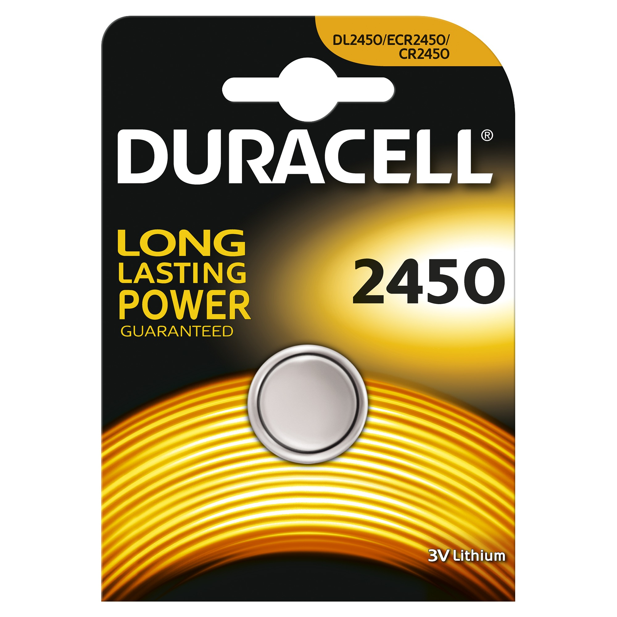 Duracell 2450 Batteriepack auf weißem Hintergrund. Das Pack ist gelb und schwarz, die Batterie wird angezeigt.