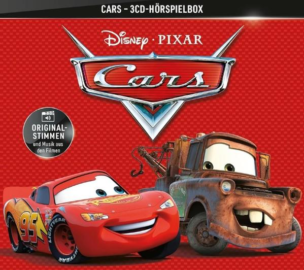 Cars 3-CD Hörspielbox Cover. Zwei Autos: Lightning McQueen und Mater. Roter Hintergrund mit Logo.