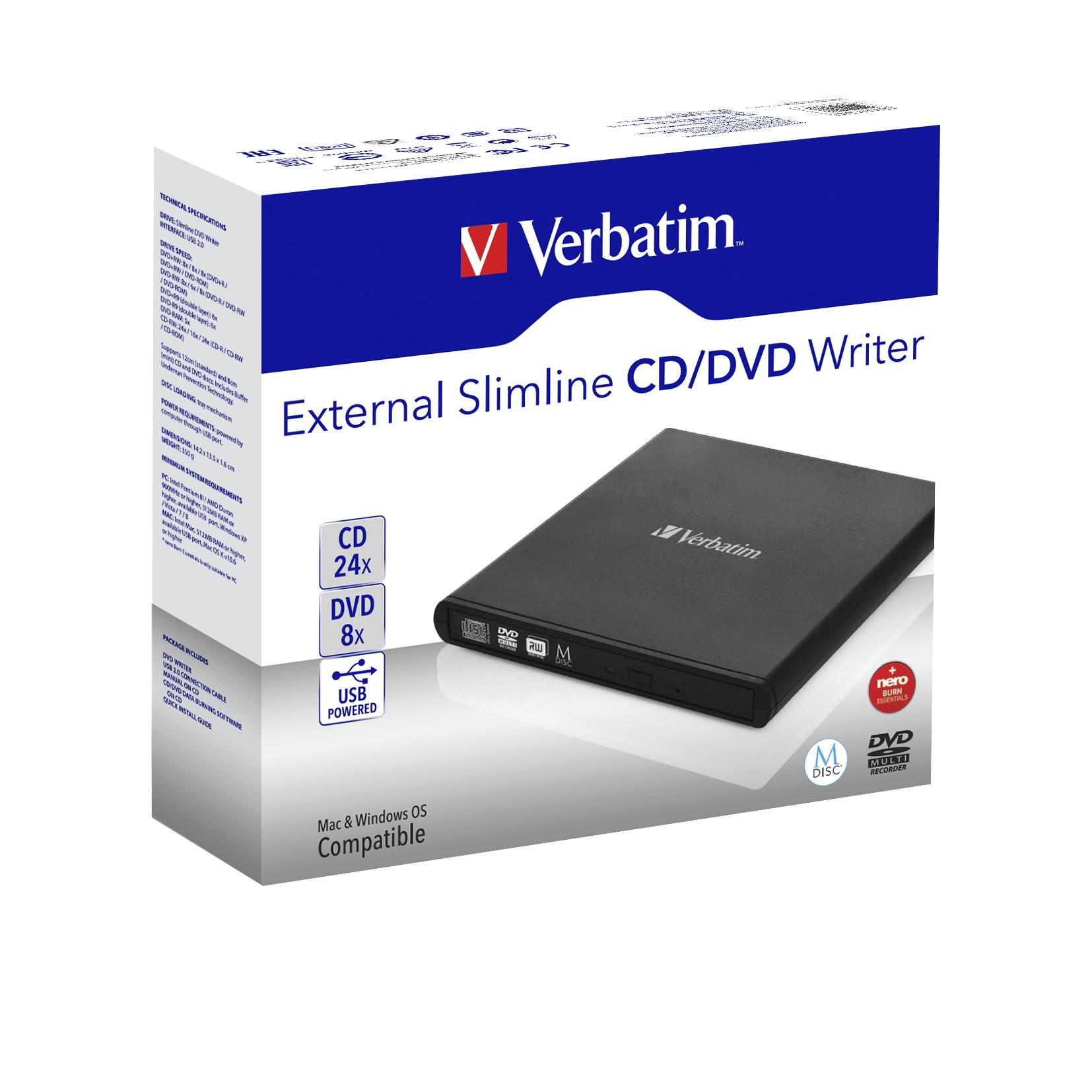 Verbatim externe CD/DVD-Brenner-Box mit dem Gerät, USB-Stromversorgung und Produktdetails.