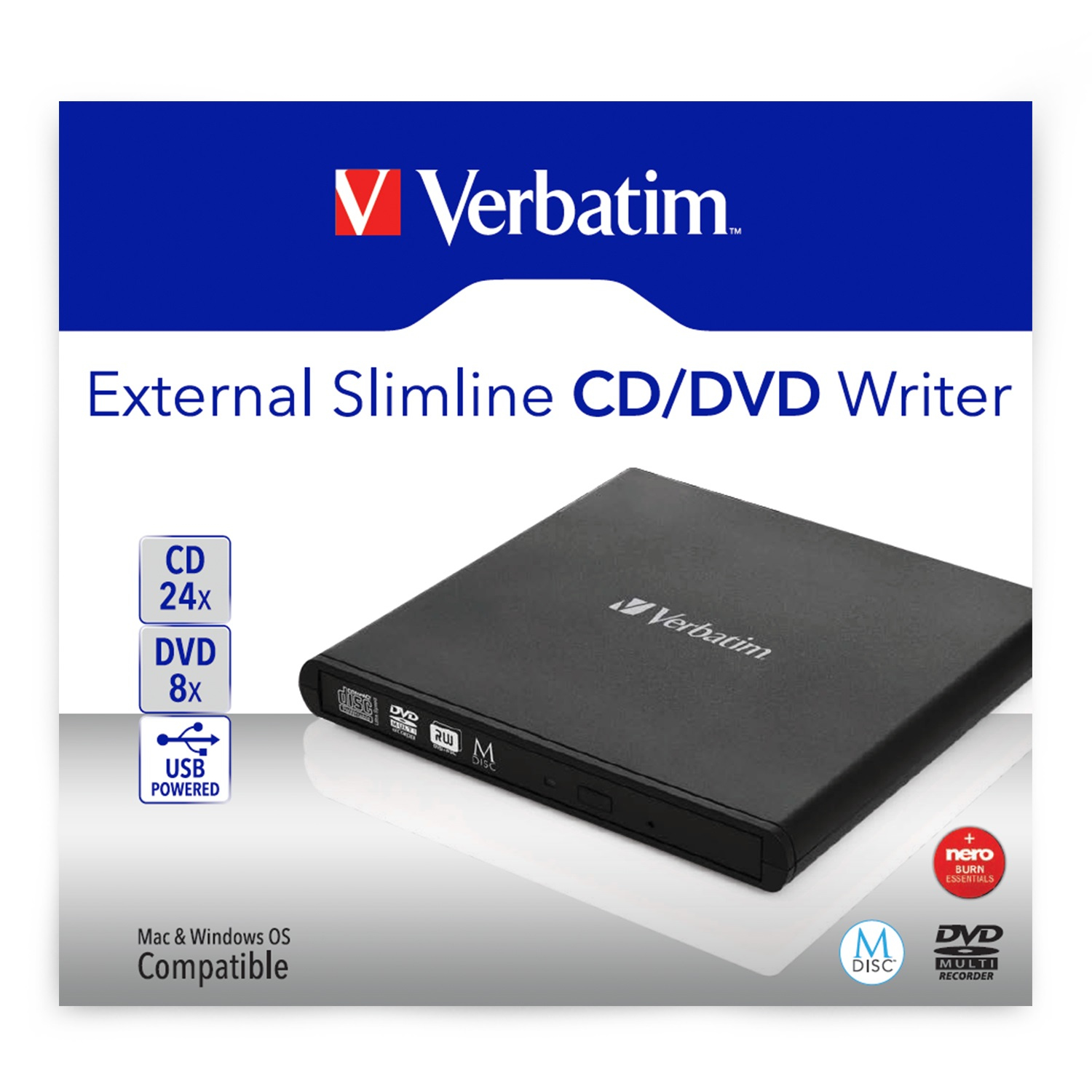 Schwarzes Verbatim External Slimline CD/DVD Writer. Text auf der Box zeigt CD/DVD-Kompatibilität.