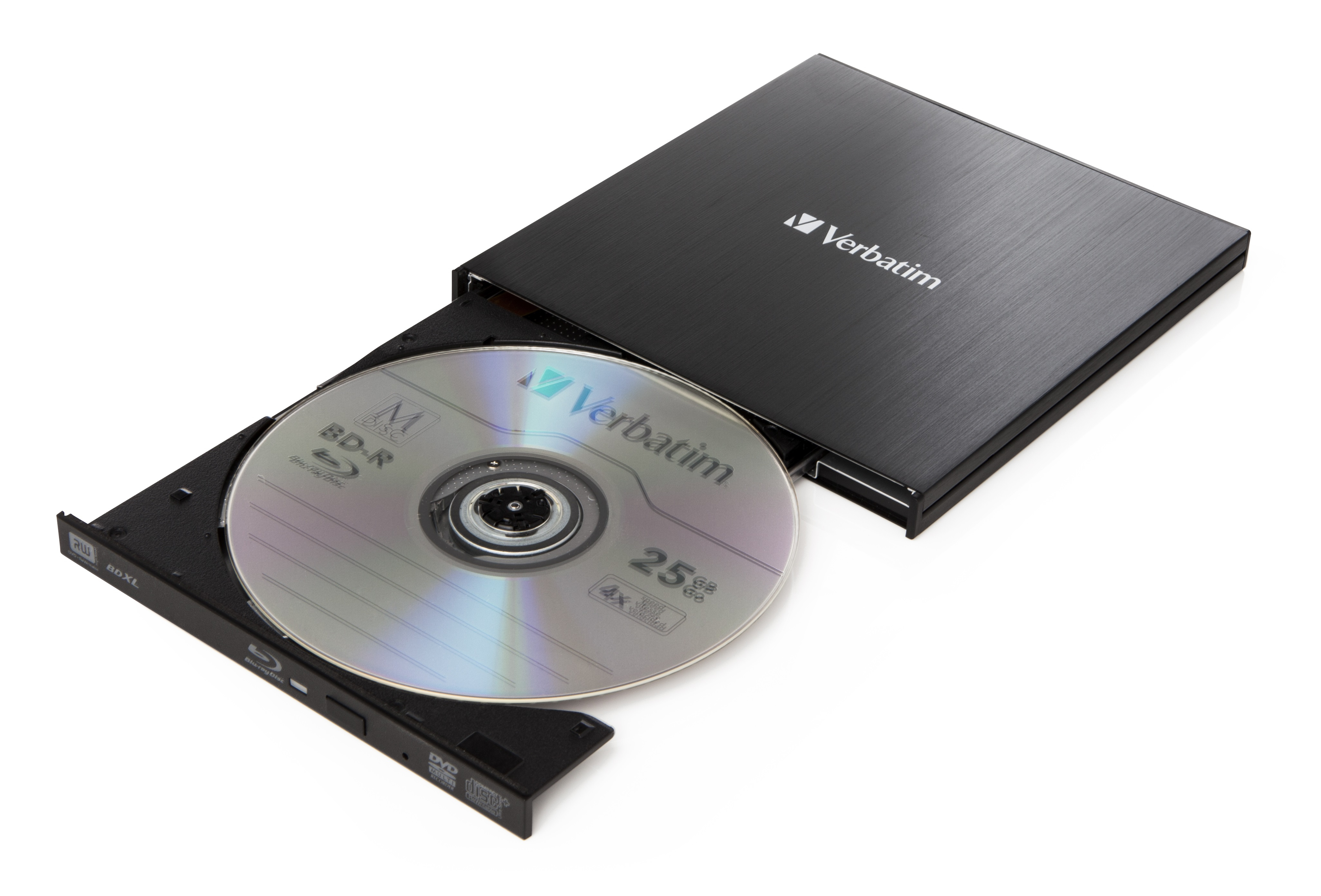 Schwarzes tragbares Verbatim Blu-ray-Laufwerk mit Disc.